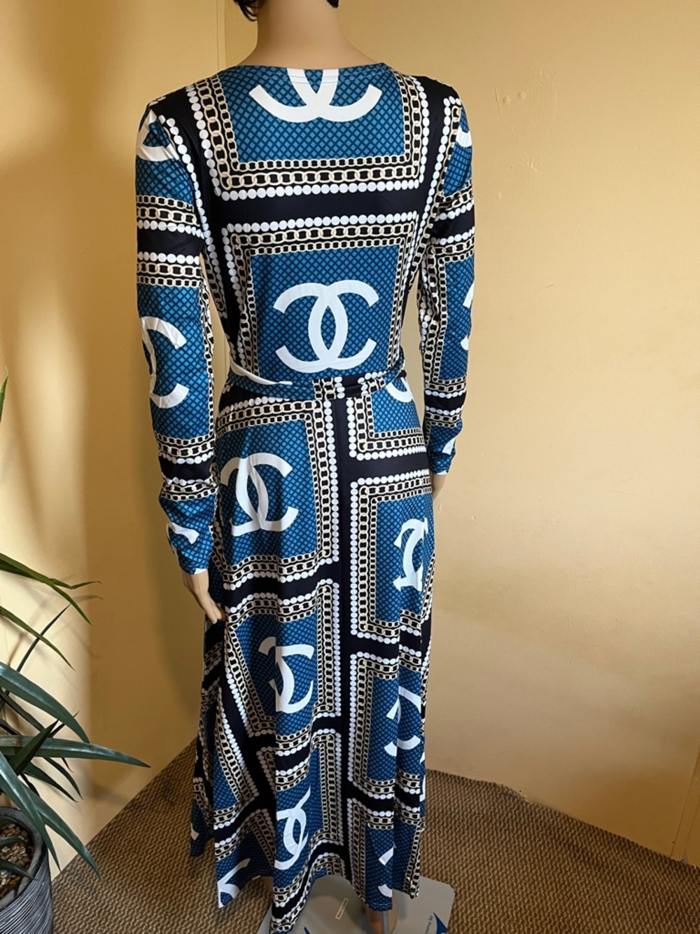 CHANEL Blue and White Long Sleeve Logo Wrap Dress - Picture 5 of 5